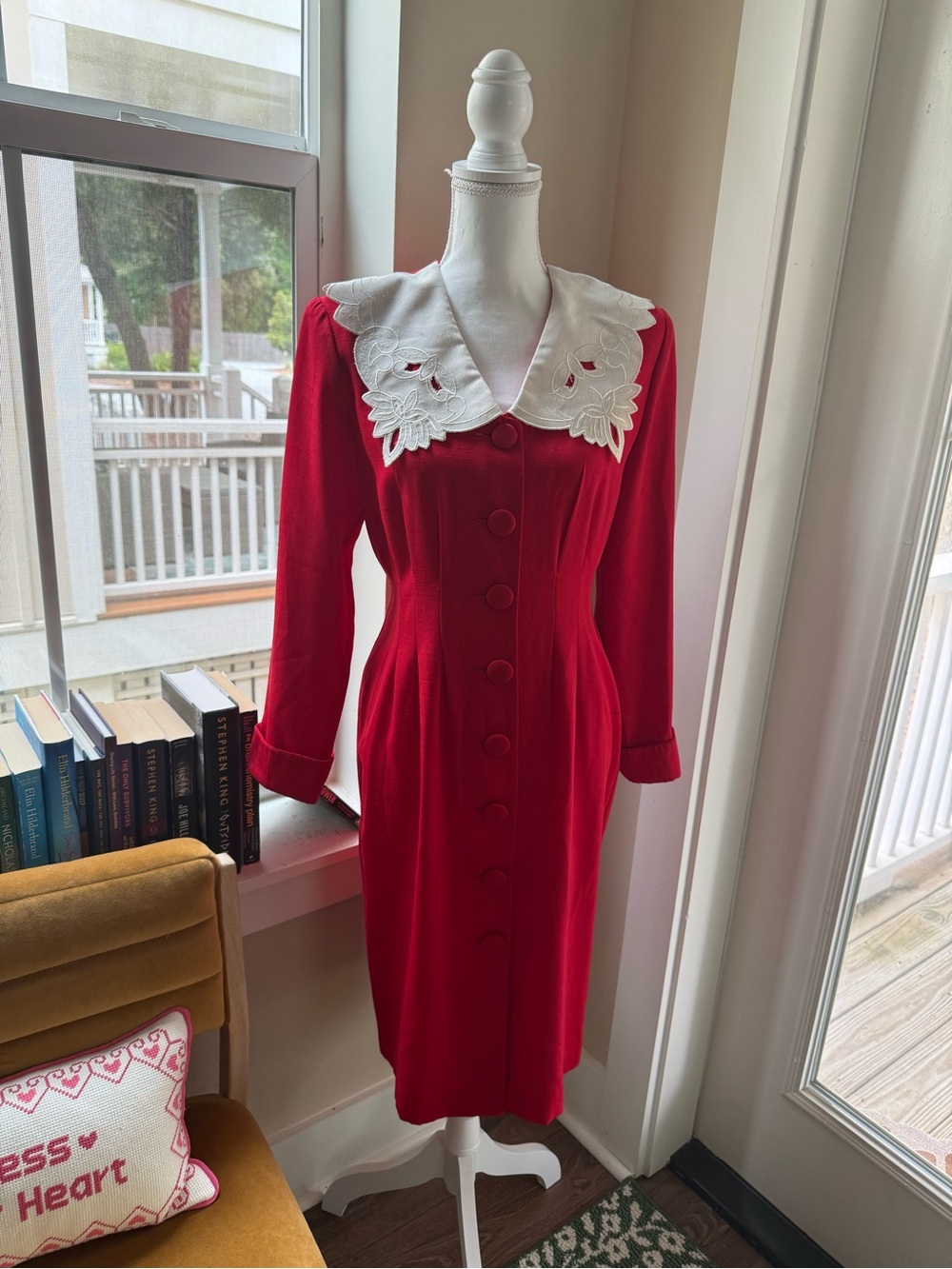 Classic Red Dress with Embroidered White Collar
